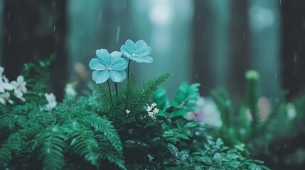 Poster - Close-up of delicate blue flowers and green foliage in a misty forest setting. Soft lighting emphasizes textures and natural elements creating a serene scene