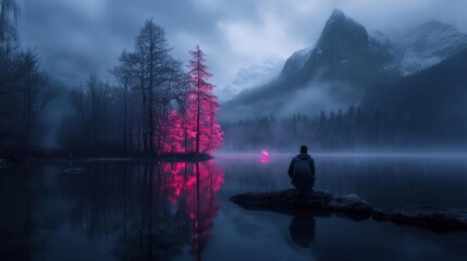 Poster - Person sitting by lake with mountain background during the night with lighting color trees