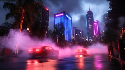 Aufkleber - Nighttime cityscape with neon lights and two cars driving on a wet road in a pink fog atmosphere