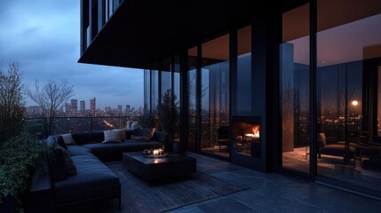 Aufkleber - Exterior view of modern terrace at dusk with city lights fireplace and seating area Dark lighting creates dramatic ambiance