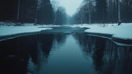Aufkleber - A serene winter landscape with a partially frozen river reflecting the overcast sky flanked by snow covered banks and a forest of bare trees creating a tranquil atmosphere