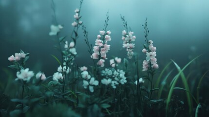 Aufkleber - Delicate pink and white wildflowers blooming amidst tall green grass against a misty blue-green background. The atmospheric lighting creates a serene and ethereal mood
