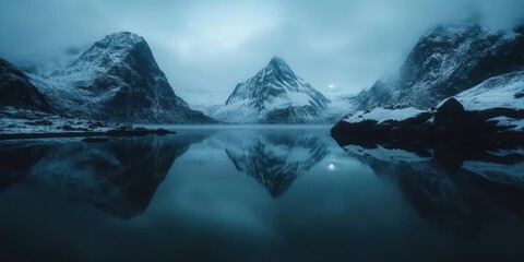 Aufkleber - Snow covered mountain range reflected in calm lake. Overcast sky creates serene moody atmosphere. Natural landscape scene with tranquil water and majestic peaks