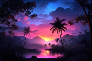 Aufkleber - Tropical sunset landscape with palm trees silhouettes mountains and a serene lake reflecting vibrant pink and purple hues