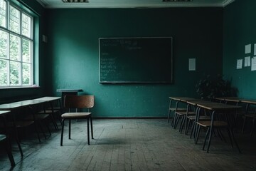 Poster - Empty classroom with teal walls, chalkboard, rows of desks and natural light from window, creates a nostalgic or abandoned atmosphere