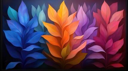 Fototapete - Colorful abstract leaves composition with vibrant hues on black background showcasing texture and digital art style
