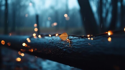 Poster - Raindrops fall on a wet wooden surface a single leaf rests illuminated by warm fairy lights in a blurred forest setting evoking a calm and melancholic ambiance
