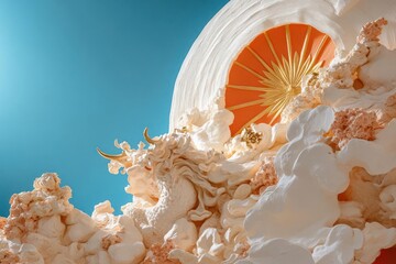 Fototapete - Abstract sculpture with vibrant orange and gold interior details against a blue sky with white puffy structures and textures