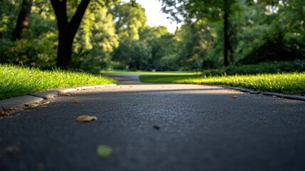 Aufkleber - Low angle view of a pathway through a lush green park illuminated by sunlight, with trees and grass. The path leads into the distance, evoking a sense of tranquility