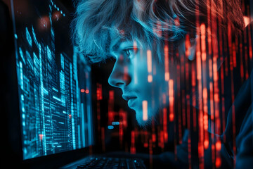 Photo of Young Man Concentrated on Computer Screen with Red and Blue Light