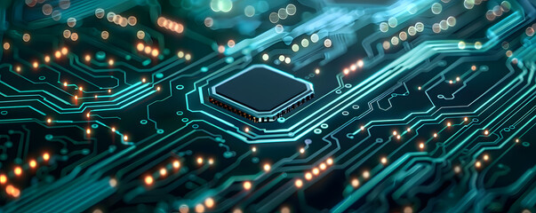 Fototapete - Advanced circuit board with glowing microchip