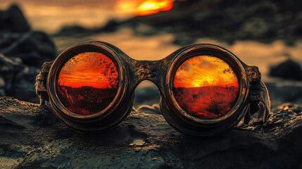 Wall Mural - Stylish protective goggles shining in the warm glow of a sunset with a beautiful beastie in the background enhancing their unique design features.