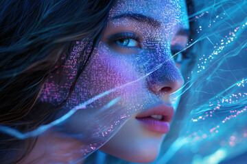 Poster - A woman's face is overlaid with a futuristic, glowing digital network.