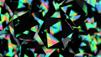 Leinwandbilder - Black polyhedral shapes with vibrant, iridescent surfaces floating on a black background, merging illusions, technology, and wave pattern in a futuristic design........