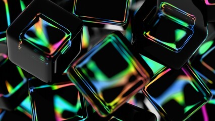 Aufkleber - Glossy black cubes with iridescent edges arranged on a dark background, blending illusions and technology into a sleek, modern abstract design.......