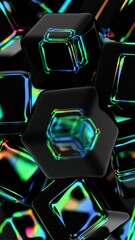 Aufkleber - Glossy black cubes with iridescent edges arranged on a dark background, blending illusions and technology into a sleek, modern abstract design.......
