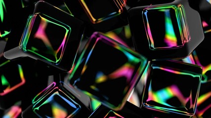 Aufkleber - Glossy black cubes with iridescent edges arranged on a dark background, blending illusions and technology into a sleek, modern abstract design.