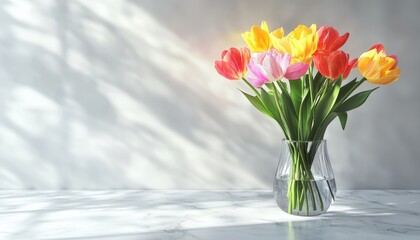 Aufkleber - Colorful Tulip Bouquet in Glass Vase on White Marble Table