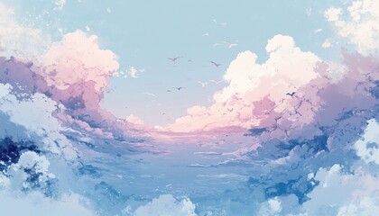 Poster - Dreamy Pastel Sky with Fluffy Pink and Blue Clouds