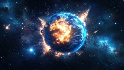 Poster - Fiery Blue Planet Explosion in a Starry Cosmos