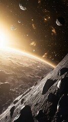 Wall Mural - a dramatic view of a planet from space with asteroids