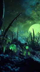 Wall Mural - an otherworldly alien landscape features a glowing green moon and flora