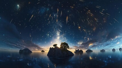 Wall Mural - islands under a starry night sky with falling meteors above water