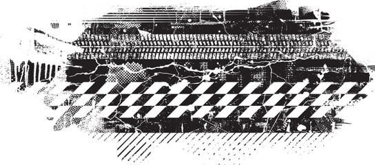 Aufkleber - Glitch distorted grunge layer . Noise destroyed texture. Checkered race grunge flag . Overlay grunge texture .Distressed effect .Vector shapes with a speed lines and tire tracks screen print texture.