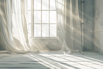 Aufkleber - Empty room with white wood floor bathed in sunlight streaming through window and sheer curtains