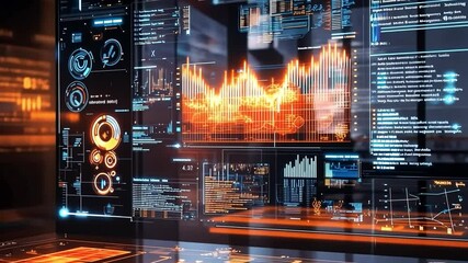 Wall Mural - a glowing holographic interface projected above a desk, showcasing futuristic data analytics tools