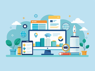 Modern flat vector with business and technology icons