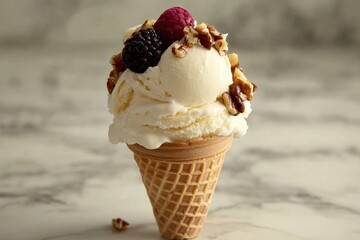 Poster - Delicious ice cream cone topped with fresh berries and nuts against a marble background