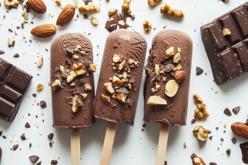 Poster - Decadent chocolate popsicles topped with crunchy nuts on a white background