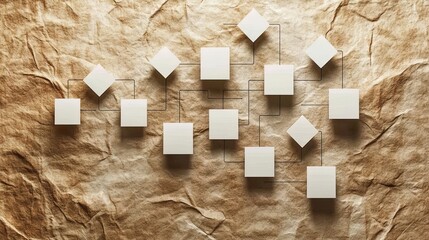 A minimalist flowchart with elegant lines and sharp contrasts on a textured paper background