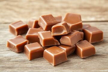 Aufkleber - Delicious caramel squares arranged on wooden surface showcasing rich texture and inviting color