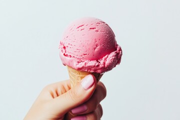 Poster - Delightful pink ice cream cone enjoyed on a warm day in a cozy outdoor setting