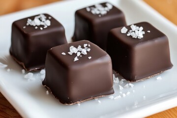 Aufkleber - Dark chocolate squares with sea salt on a white plate, perfect for dessert or a sweet treat