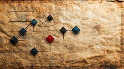 A minimalist flowchart with elegant lines and sharp contrasts on a textured paper background