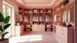 © Angel Pic - A serene blush-toned walk-in wardrobe showcasing neatly organized clothing, accessories, and storage solutions in a minimalist aesthetic