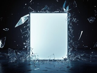 Aufkleber - Shattered Glass Panel Explosion: White Pane Breaking Apart Against Dark Background