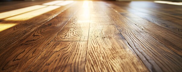 Aufkleber - Warm sunlight illuminates a wooden floor with a beautiful grain