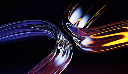 Wall Mural - abstract 3d black background with liquid glass transparent tapes, neon light effect. iridescent stre