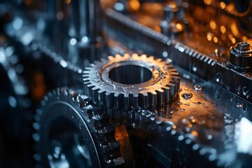 Fototapete - Wet metal gears rotating in industrial machinery