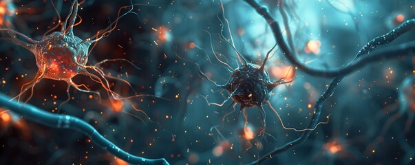 Poster - 3d illustration of neurons in action, transmitting signals through the nervous system