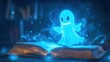 © iLada - Enchanting Glowing Ghost Emerges from Ancient Book Surrounded by Mystical Light and Whimsical Smoke in a Dark Library Setting