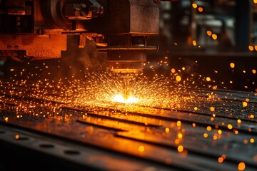 Poster - Industrial laser cutter creating sparks while cutting metal sheet