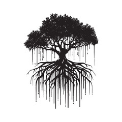 Silhouette tree with dripping, urban aesthetic, perfect for edgy design concepts