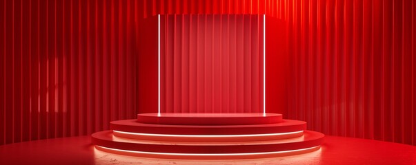 Poster - Round, red, illuminated stage is showcasing a minimalist backdrop, perfect for highlighting products