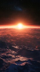 Wall Mural - a beautiful sunrise over a distant mountainous planet surface