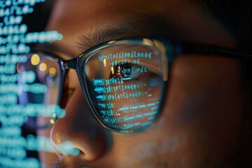 Portrait of Startup Digital Entrepreneur Working on Computer, Line of Code Projected on Face and Reflecting in His Glasses. Neural network ai generated